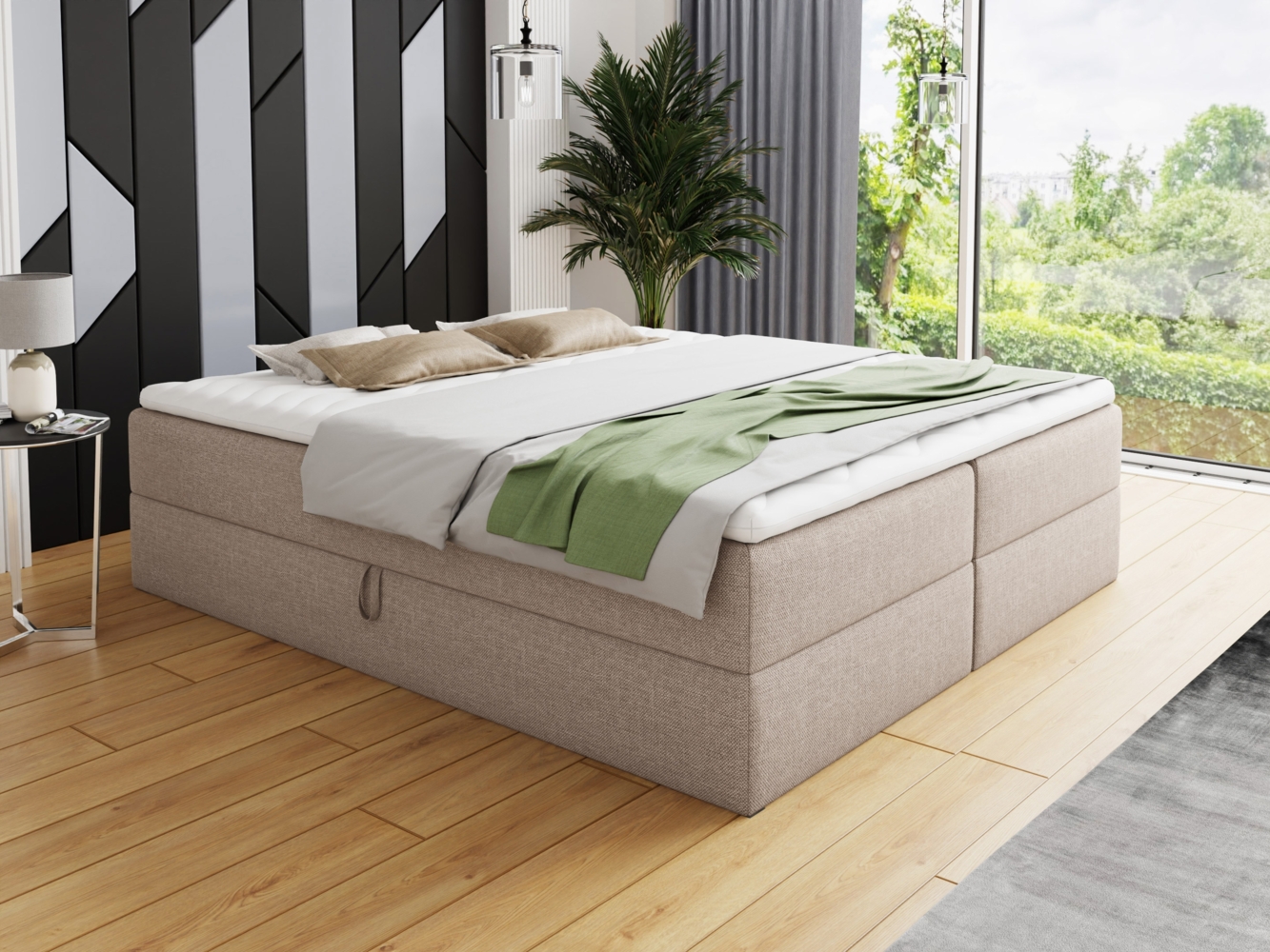 Boxspringbett Base mit 2 Bettkästen - Doppelbett mit Bonell-Matratze und Topper, Polsterbett, Freistehendes Bett (Beige (Inari 22), 140x200 cm) Bild 1