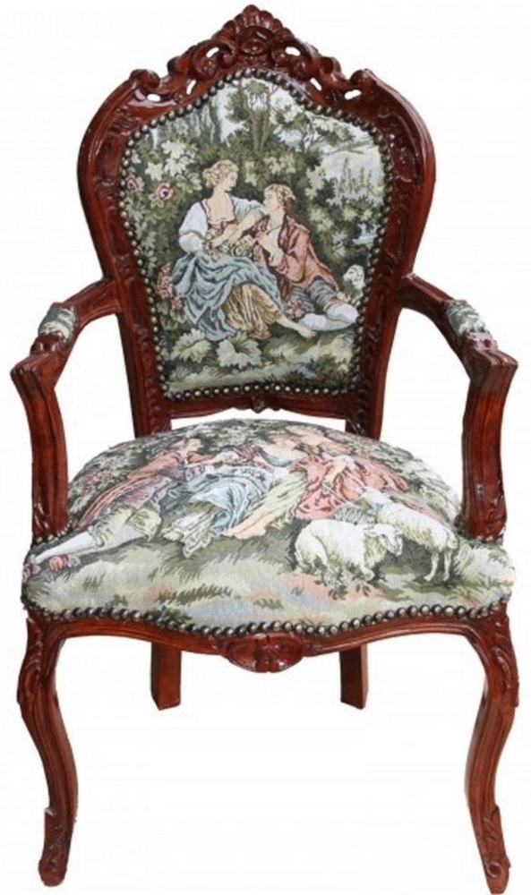 Casa Padrino Esszimmerstuhl Barock Esszimmer Stuhl mit Armlehne Gobelin "Love Story " - Antik Stil Bild 1