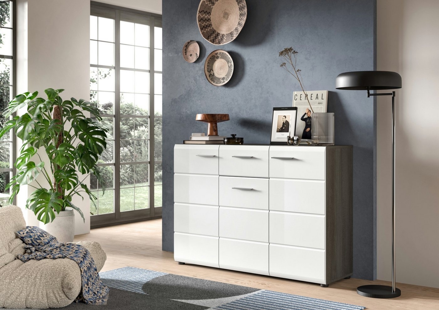 INOSIGN Sideboard Rumba, Breite 120cm, in Rauchsilber Nachbildung/Weiß Hochglanz, Kommode, Sideboard, Schrank Bild 1