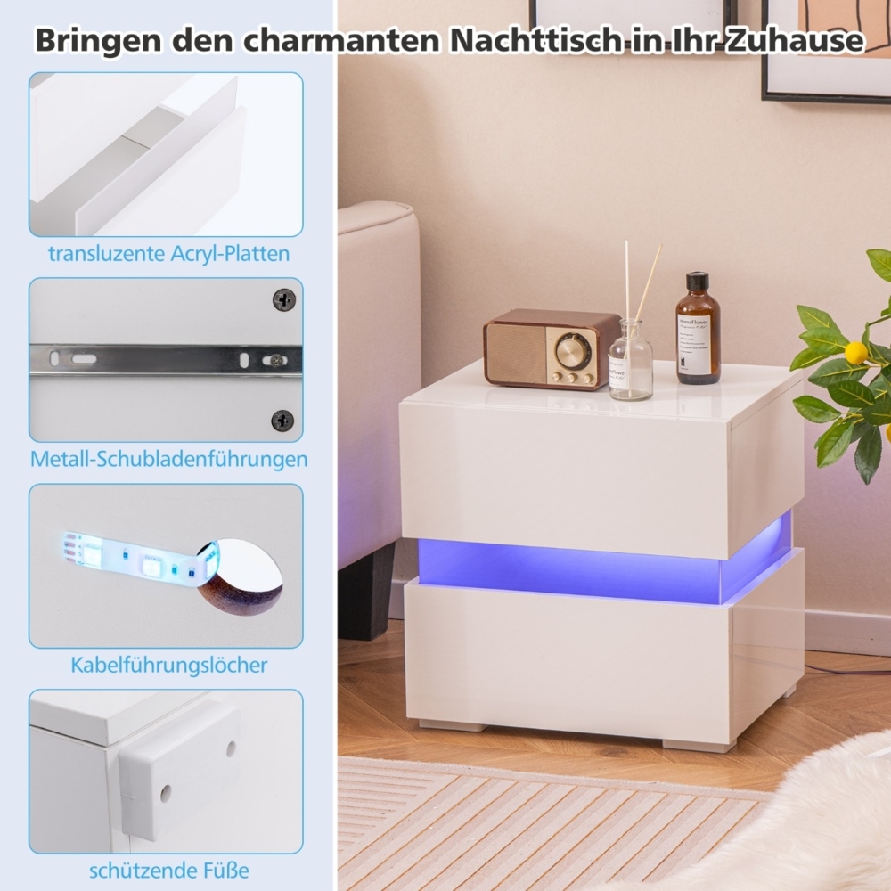 LED Nachttisch mit 2 Schubladen & Fernbedienung & Dynamisch 45 x 35 x 45 cm Weiß Bild 1