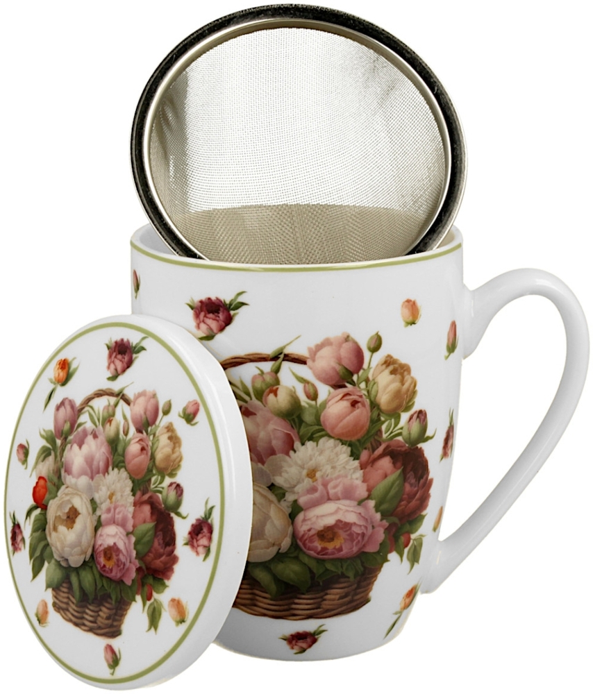 DUO Becher 360 ml BASKET OF FLOWERS PEONIES mit Teesieb, New Bone China Porzellan Bild 1