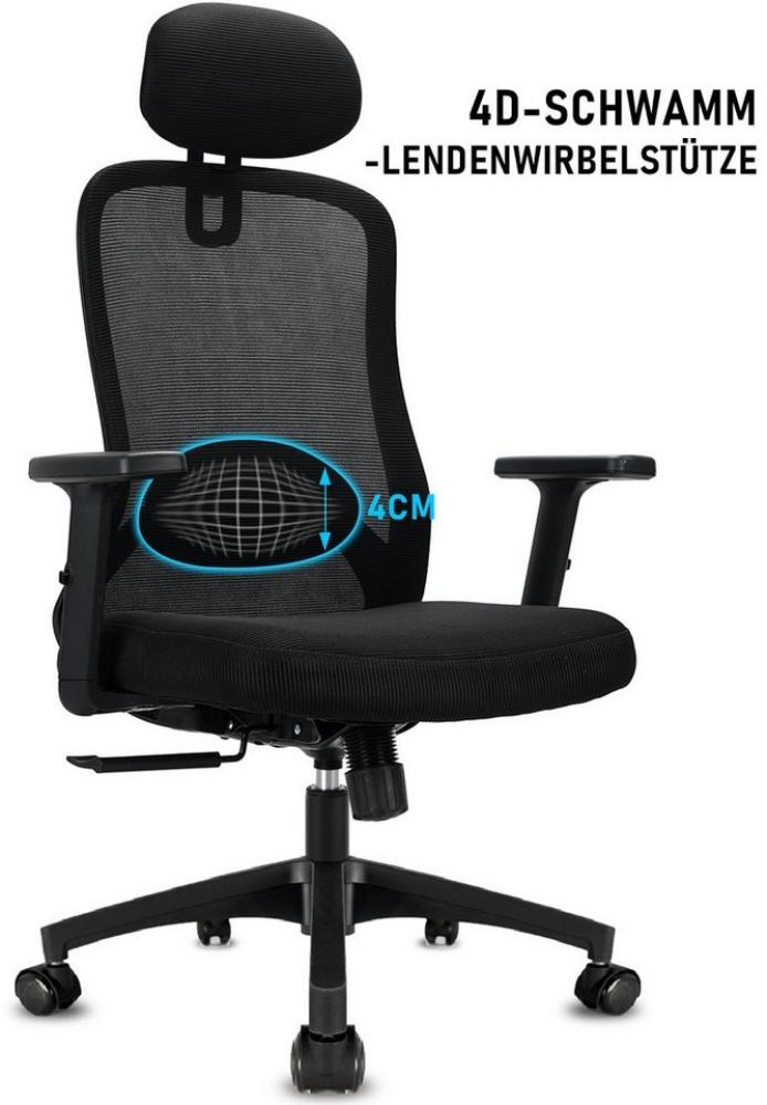 Durrafy Bürostuhl Ergonomischer,Chefsessel mit 4D-Schaumstoff-Lendenwirbelstütze (Wippfunktion 130°und Höhenverstellbar,Schreibtischstuhl, Atmungsaktiver NetzbezugDrehstuhl), Bürostuhl 150 kg, Schwarz Bild 1