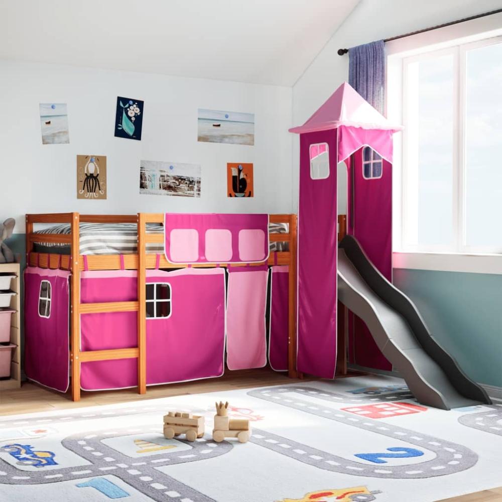 vidaXL Kinderhochbett mit Turm und Rutsche, Rosa, Massivholz Kiefer, Braun, 80 x 200 cm Bild 1