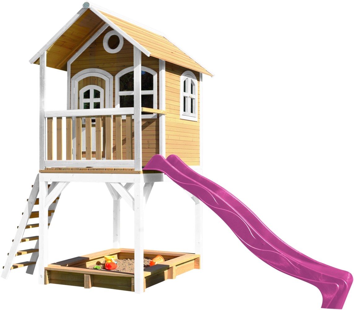 AXI Spielhaus Sarah mit Sandkasten & lila Rutsche Stelzenhaus in Braun & Weiß aus FSC Holz für Kinder | Braun, weiß, lila | Holz | 191 cm Bild 1