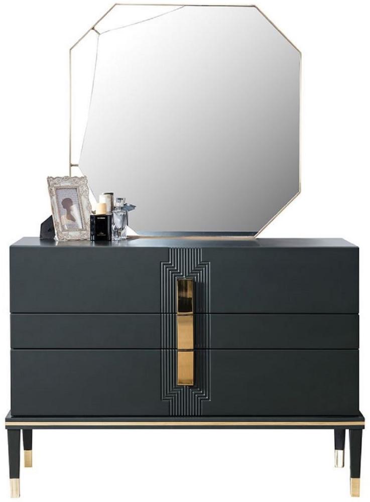 Casa Padrino Luxus Schlafzimmer Kommode mit Wandspiegel Schwarz / Gold - Moderner Massivholz Schrank mit elegantem Spiegel - Luxus Schlafzimmer Möbel Bild 1