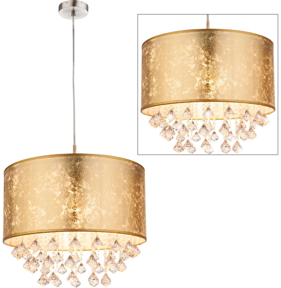 Hängeleuchte, Kristalle, Textilschirm, gold, H 140 cm, AMY Bild 1