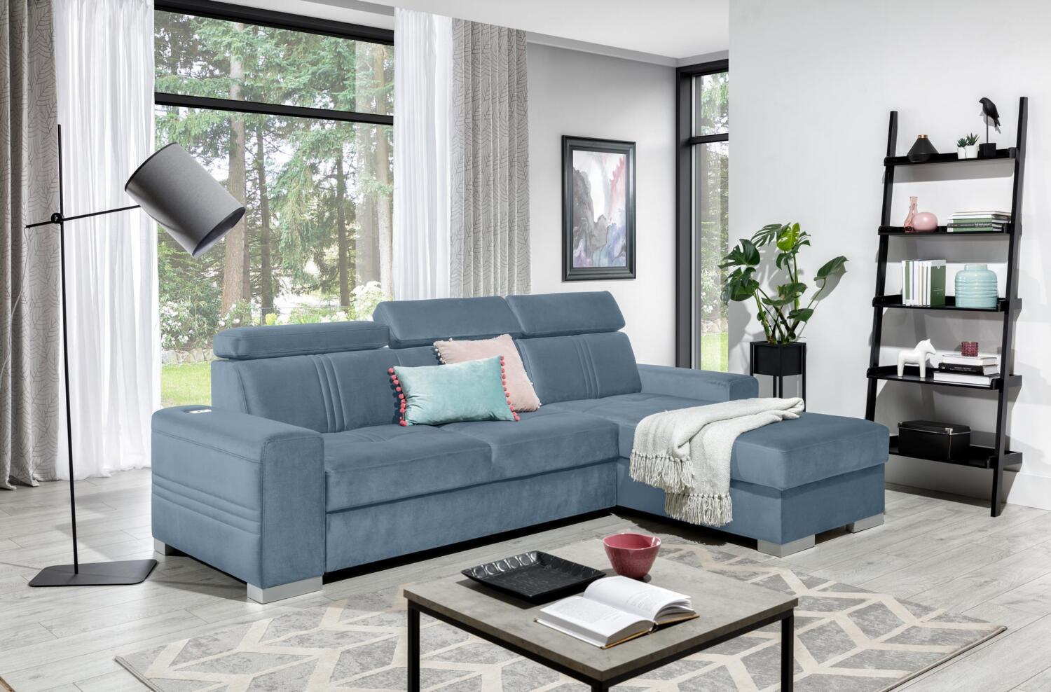 99rooms Neilo Ecksofa Velours ESITO Blau Rechts mit Bild 1