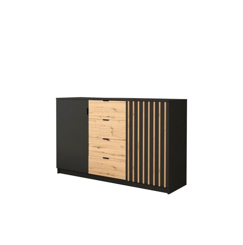 MOEBLO Kommode XANO 150 (Moderne, schwarze Griffe, mit Schubladen schwarz + wotan + wotan Latten, Sideboard Wohnzimmer Kommode Schlafzimmer Komodenschrank Highboard), (B x H x T):150cm x 94cm x 45cm Bild 1