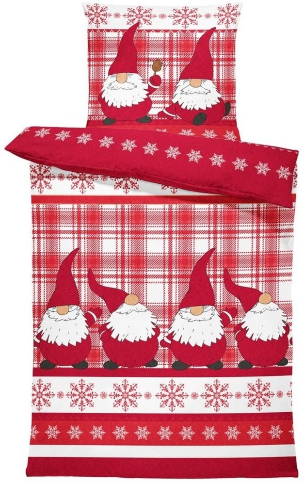 One Home Bettwäsche Wichtel Weihnachten Weihnachtsbettwäsche, Fleece, 4 teilig, Christmas kariert, kuschelig flauschig warm weich Winter Normalgröße Bild 1