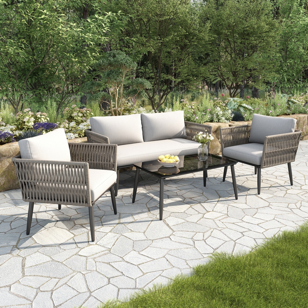 Merax Gartenlounge-Set 4-tlg. aus Seil, Gartenmöbelset Balkonmöbelset 4 Sitzer, Tisch mit Glasplatte, Gartengarnitur Sitzgarnitur Sitzgruppe, Grau Bild 1