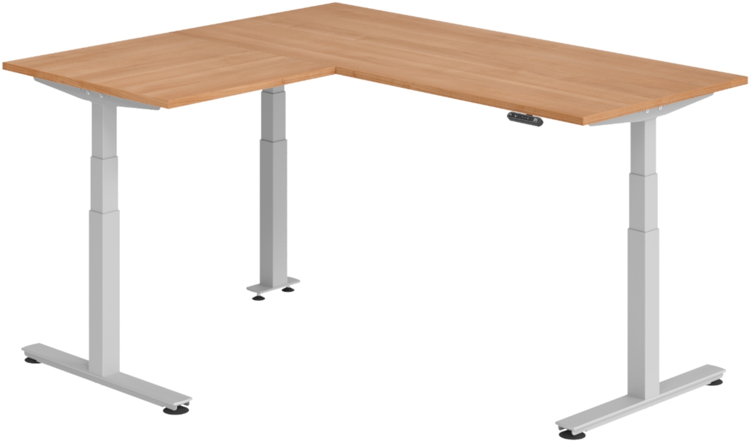 bümö Eckschreibtisch elektrisch höhenverstellbar L-Form: 180 x 160 cm in Nussbaum, Gestell silber - Stehschreibtisch mit Memory-Steuerung, elektrischer XXL Schreibtisch für die Ecke, XDSMW-1908-N-S Bild 1