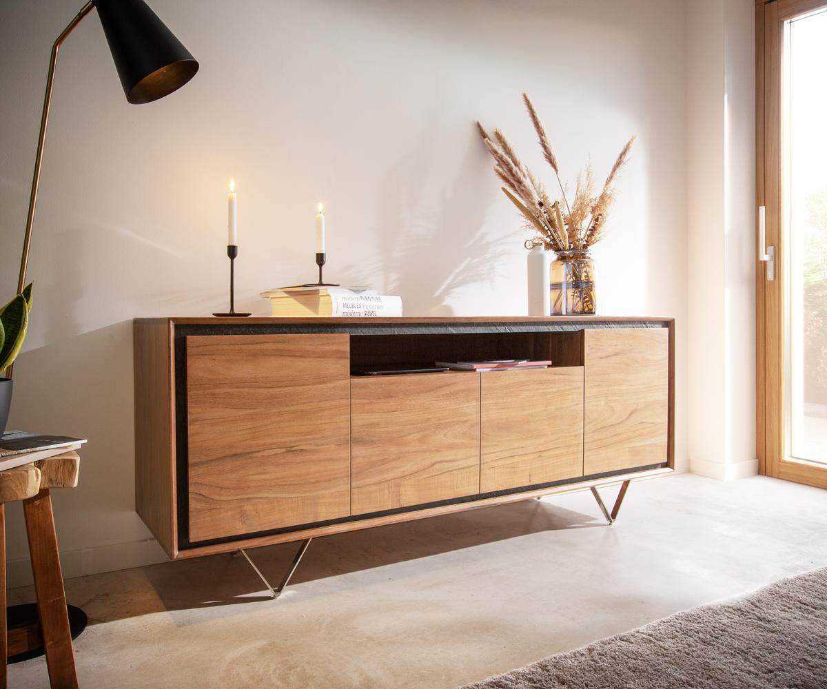 Sideboard Stonegrace 175 cm Akazie Natur 4 Türen 1 Fach Steinfurnier V-Fuß Bild 1