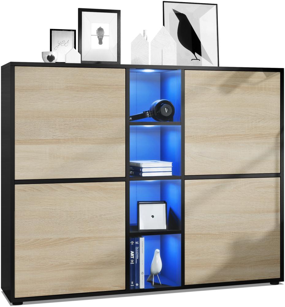 Vladon Highboard Cuba V3, Schwarz matt/Eiche sägerau inkl. LED - Moderne Anrichte mit 12 Fächern (130,5 x 105,5 x 35,5 cm) Bild 1