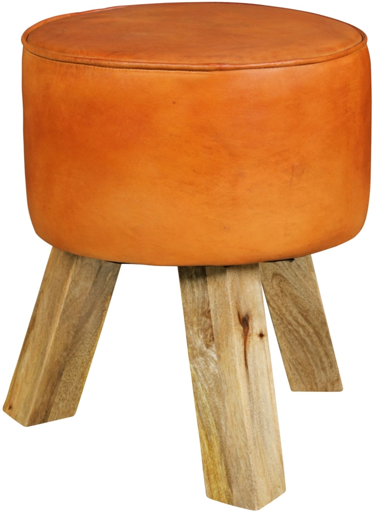 Design Sitzhocker WL5.102 Holz 37 x 45 x 37 cm Modern Fußhocker Rund, Turnbock Lederhocker Holzbeine, Kleiner Hocker Massivholz mit Leder Gepolstert , Holzhocker mit Echtleder Braun Bild 1