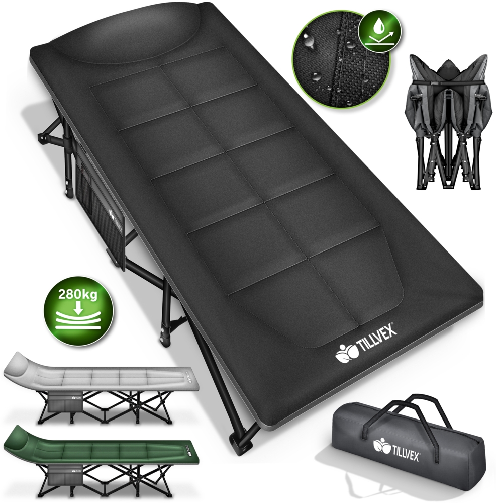 tillvex® Campingbett Grau 210 x 80 x 40 cm klappbar mit Tragetasche bis 280 kg | Campingliege extra breit | Feldbett Karpfenliege für Outdoor & Indoor | Klappbett Gästebett faltbar Garten Camping Angeln Festival Reise Bild 1