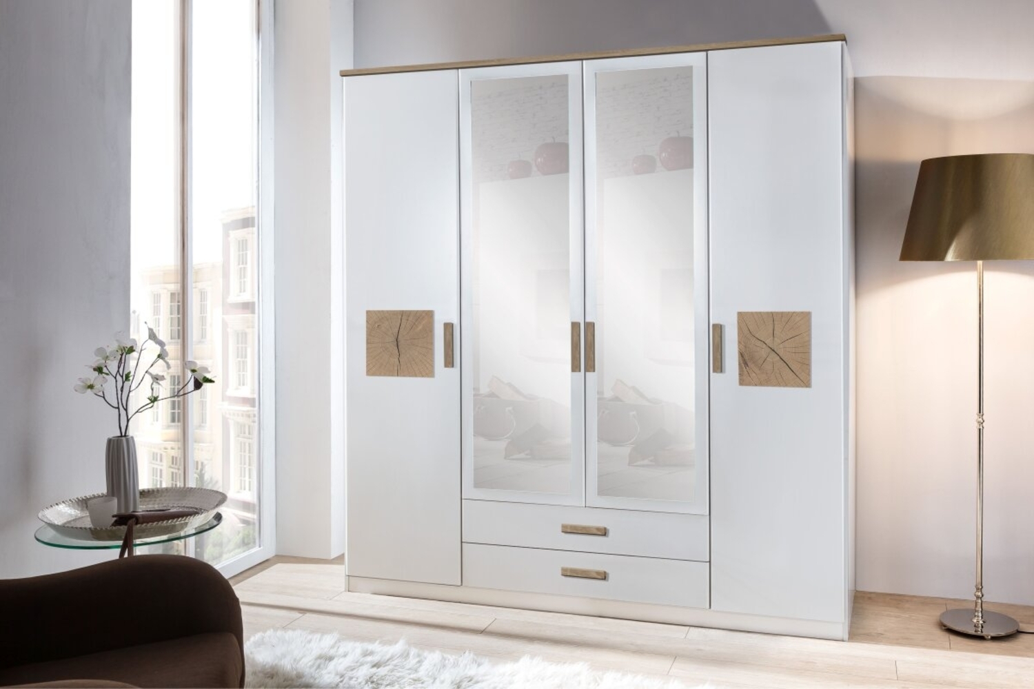 Drehtürenschrank weiß mit Spiegel 180 cm Bild 1