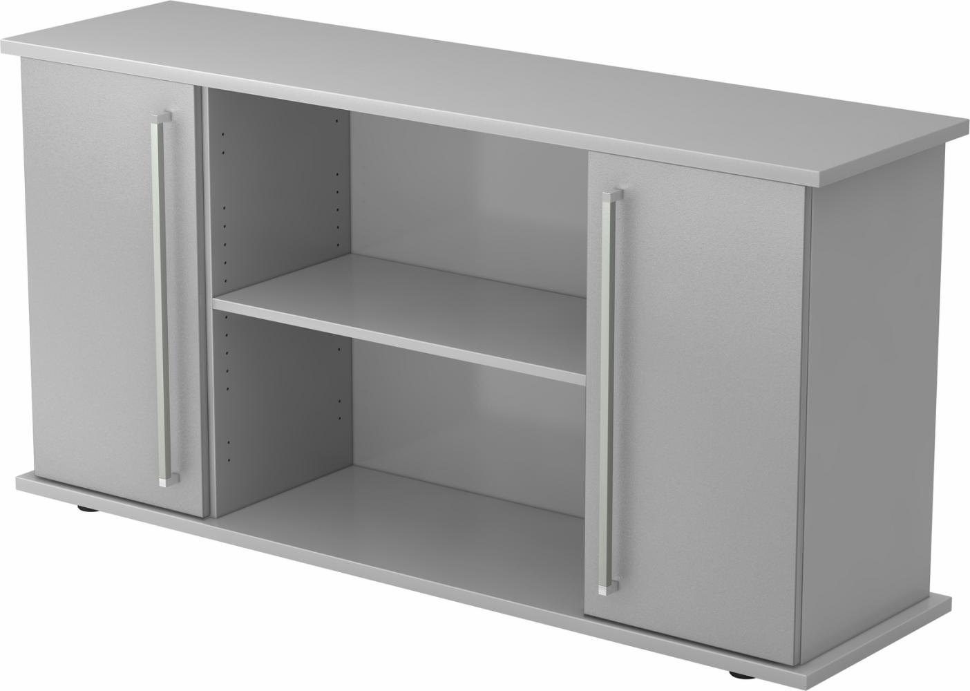 bümö Sideboard Grau/Silber mit Flügeltüren & Regal - Büromöbel Sideboard Holz 166cm breit, 45cm schmal, Büro Schrank für Flur oder als Wohnzimmer-Kommode mit Chromgriff, SB2T-5-S-CE Bild 1