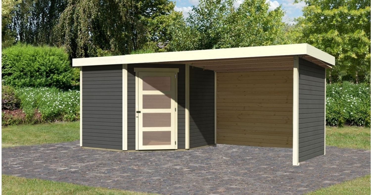 Gartenhaus Schwandorf 5, 242x246 cm inkl. Anbaudach 2,80 m mit Wänden, 19 mm Holz terragrau, Karibu Bild 1