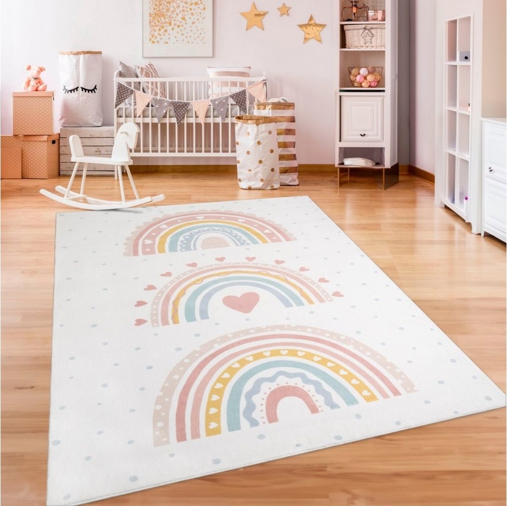 Paco Home Teppich Kinderzimmer Kinderteppich Spielteppich Kurzflor rutschfest Krone Herzen Punkte Sonne Regenbogen Buchstaben, Grösse:160x220 cm, Farbe:Rosa 2 Bild 1