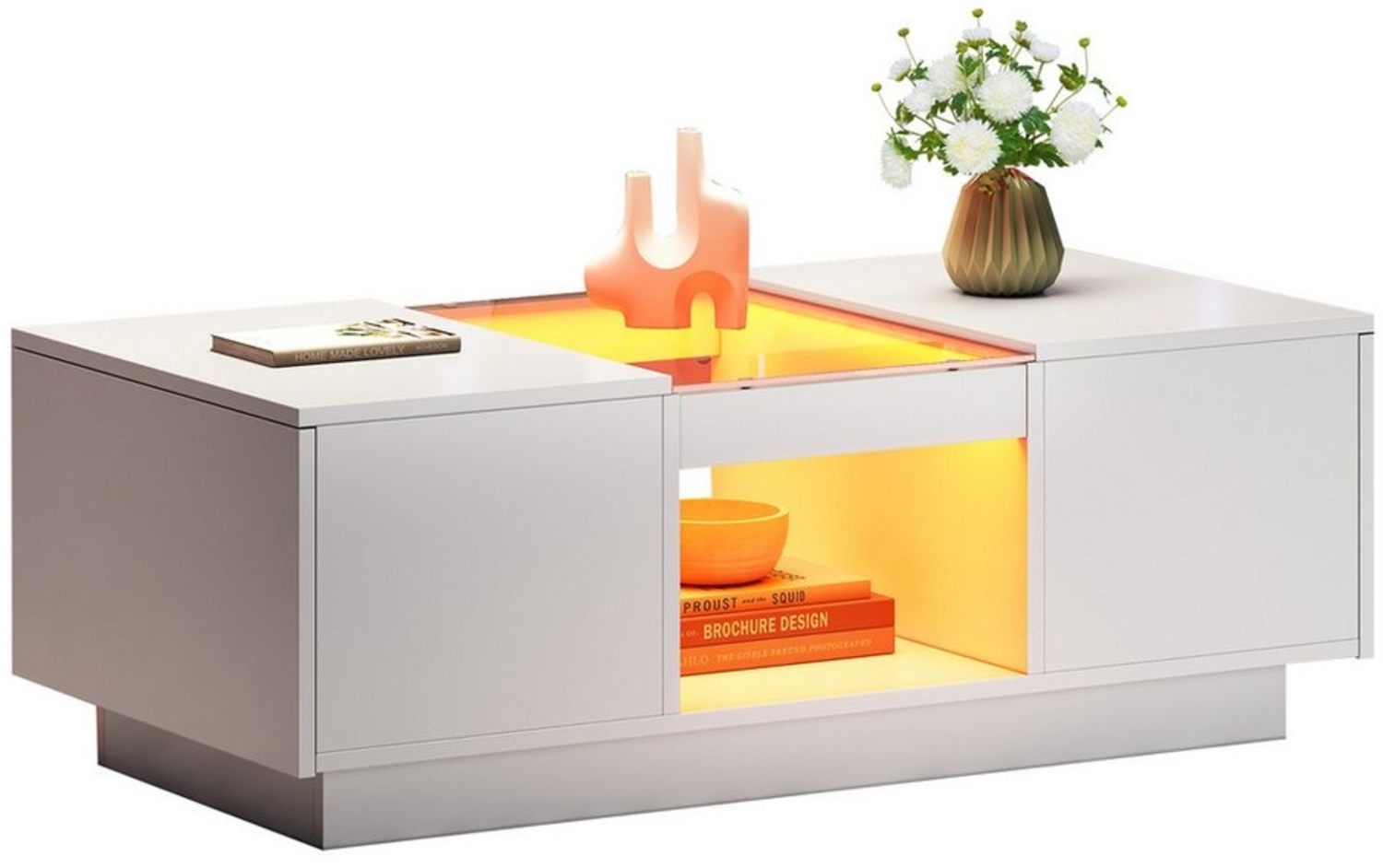 Refined Living Couchtisch Hochglanz Wohnzimmertisch Rechteckiger Sofatisch mit LED-Beleuchtung (100x50x35,5cm, 1-St, Beistelltisch mit 2 Schubladen und 1 offenes Fach), Weißer Couchtisch mit Glasverkleidung, App-Steuerung Robust, langlebig Bild 1