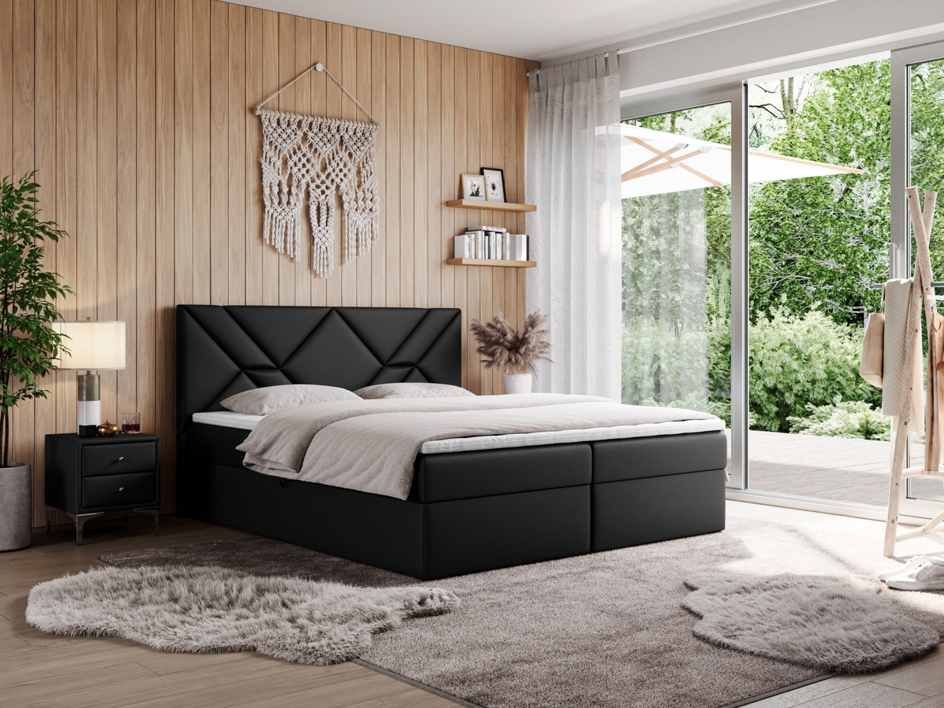 Boxspringbett, Polsterbett mit Multipocket-Matratzen und Topper, dekorativem Kopfteil, zwei Bettkästen - NEOMI - 200 x 200 cm - Schwarz Kunstleder - H4 Bild 1
