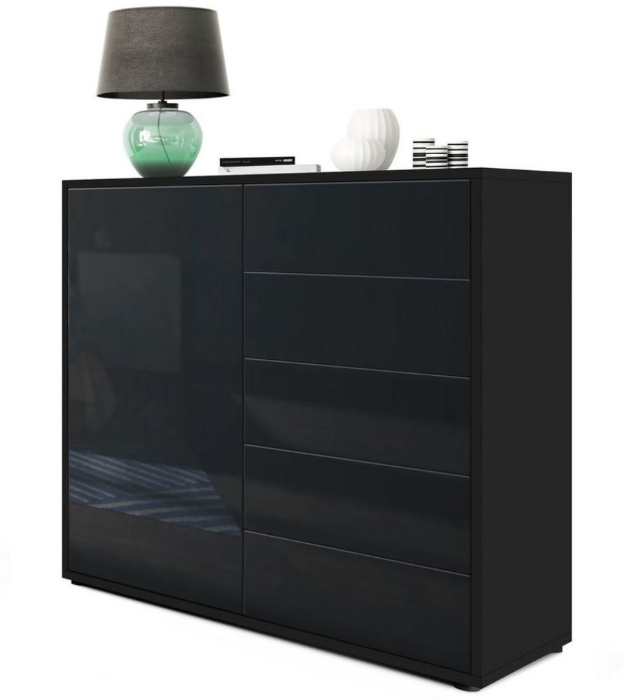 Vladon Sideboard Ben V2, Kommode mit 1 Tür und 5 Schubladen, Schwarz matt/Schwarz Hochglanz (79 x 74 x 36 cm) Bild 1