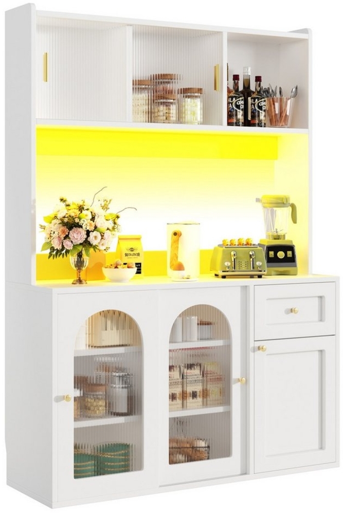 autolock Küchenbuffet Küchenschrank Hochschrank Vitrinenschrank mit LED-Beleuchtung (Esszimmerschrank mit Verstellbaren Ablagen 120×35×167 CM) Buffetschrank Sideboard für Wohnzimmer, Küche & Esszimmer Bild 1