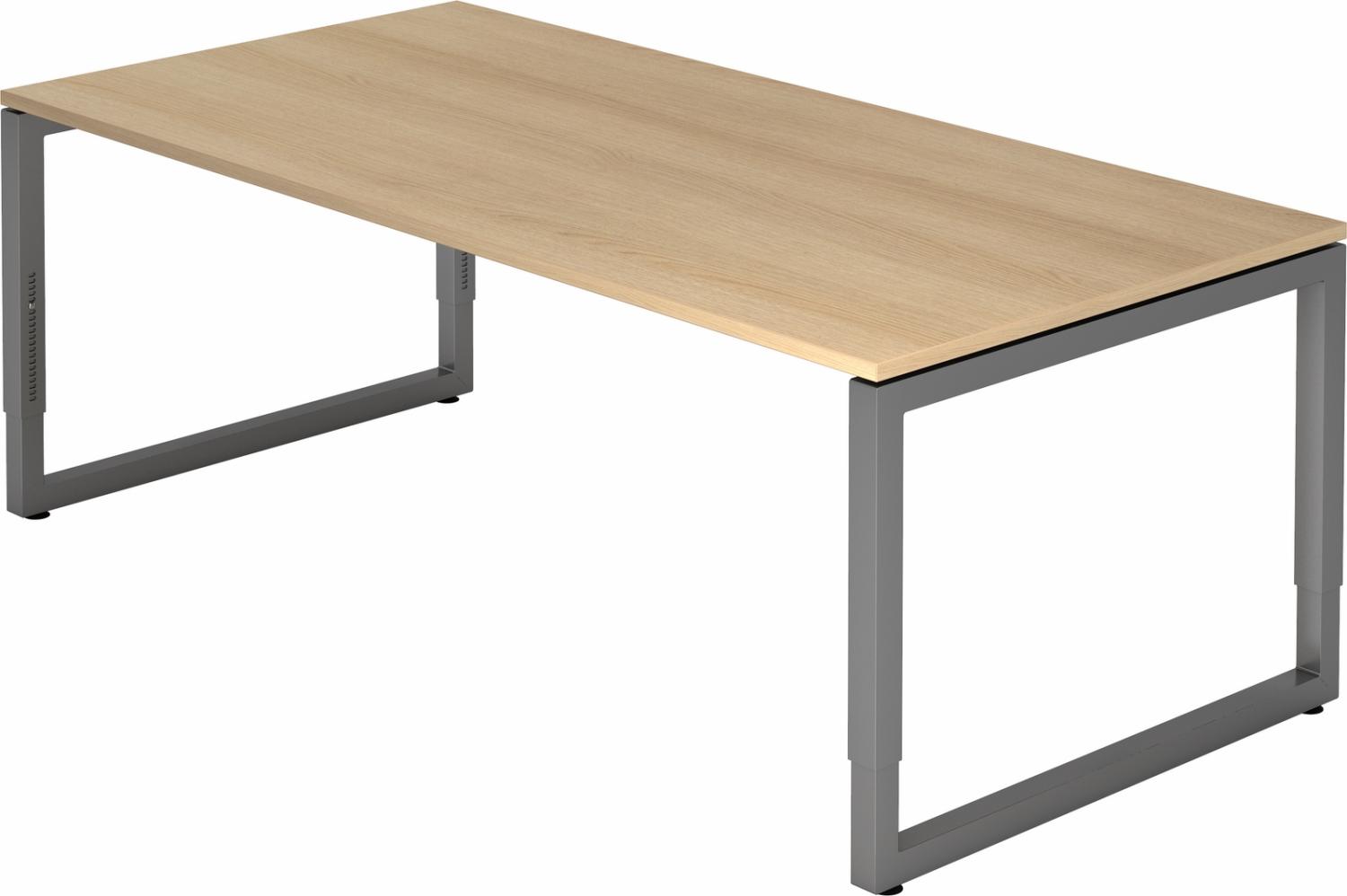 bümö höhenverstellbarer Schreibtisch R-Serie 200x100 cm in Eiche, Gestell in Graphit - großer PC Tisch für's Büro manuell höhenverstellbar, Computertisch verstellbar, RS-2E-E-G Bild 1