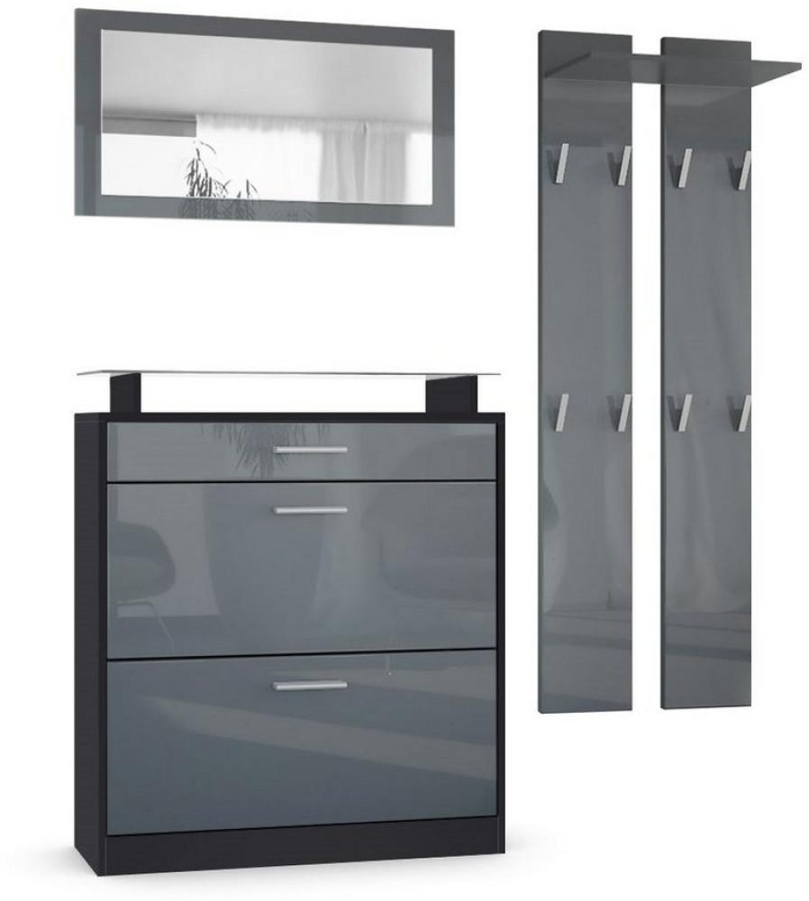 Vladon Garderobe Loret mini, Garderobenset bestehend aus 1 Schuhschrank, 1 Wandspiegel und 2 Garderobenpaneele, Schwarz matt/Grau Hochglanz Bild 1