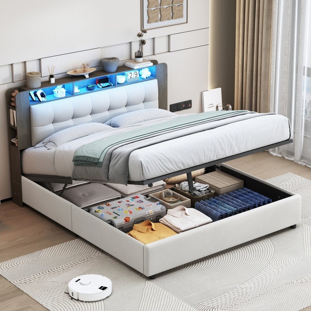 Furnishings Home Stauraumbett Polsterbett Doppelbett LED + Hydraulisch (geeignet für Jugendliche und Kinder), Mit LED-Licht, Lattenrost, Kabelloses Laden, Samt, 140x200 cm Bild 1