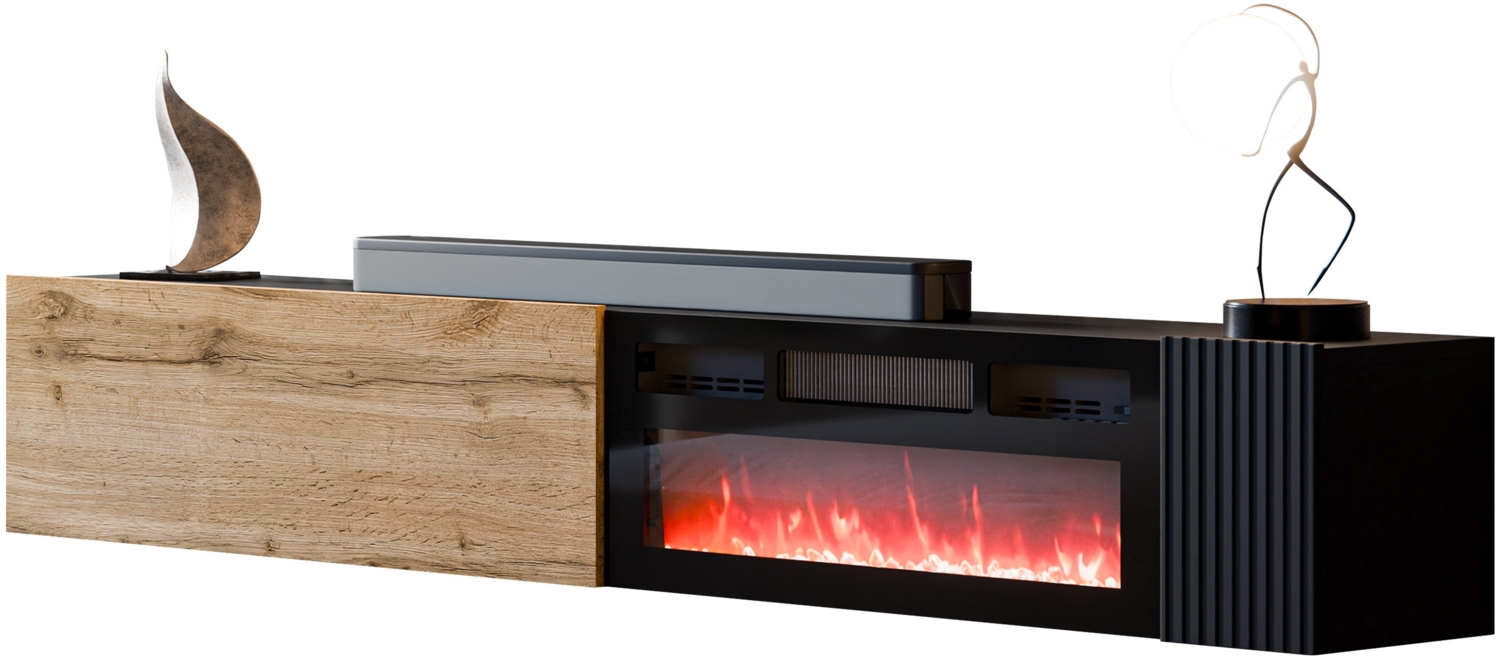 TV-Lowboard Cholon EF mit Kamin (Farbe: Schwarz / Schwarz + Wotan Eiche) Bild 1