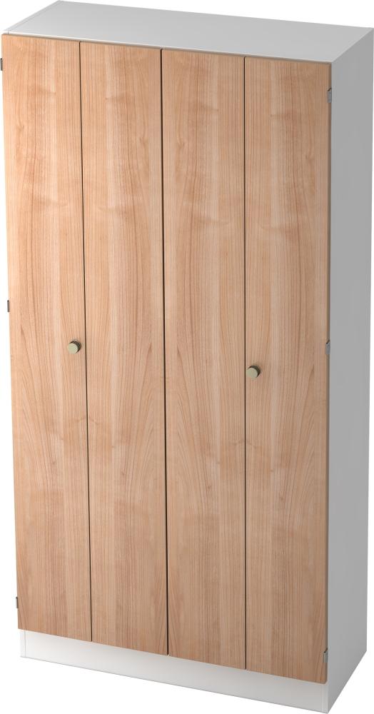 bümö office Aktenschrank mit Falttüren, Büroschrank 100cm breit in Weiß/Nussbaum - Ordnerschrank 5OH groß, Falttürenschrank für Akten, Ordner & Co. - Büro Schrank aus FSC-Holz, 6900-W-N-SG Bild 1