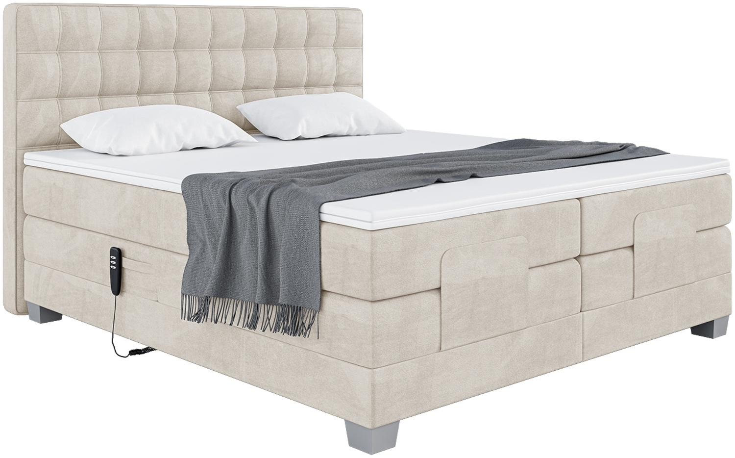 MEBLINI Boxspringbett Elektrisch EDISON 120x200 cm mit Bettkasten - H3/Creme Samt Polsterbett - Doppelbett mit Toppers & Taschenfederkern-Matratzen Bild 1