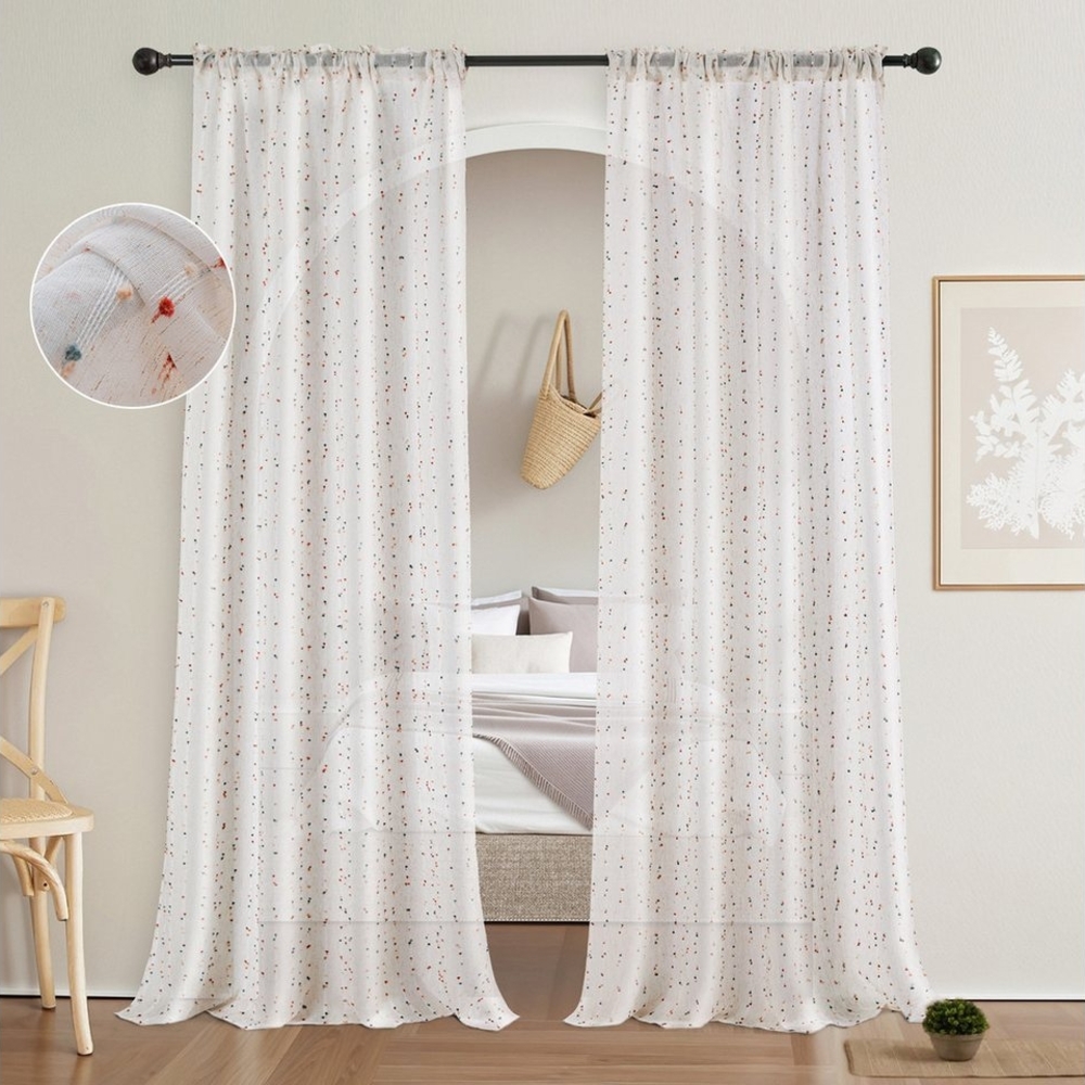 BTTO V&G Gardine Boho Vorhänge mit Mehrfarbigen Pom Pom-Quasten,Kinderzimmer Gardinen (2 St), transparent, Voile Vorhang für Wohnzimmer Schlafzimmer Kinderzimmer Party Dekor Bild 1