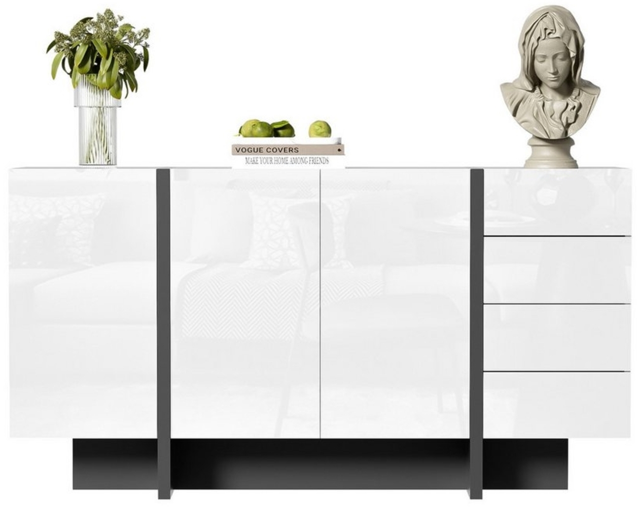 HAUSS SPLOE Sideboard Hochglanz-Sideboard mit 2 Türen und 4 Schubladen, für Wohnzimmer Weiß (Hochglanz-Buffet, Scandi, 1 St, 2 Türen und 4 Schubladen), moderner und schlichter Anrichte mit Türen und Schubladen Bild 1