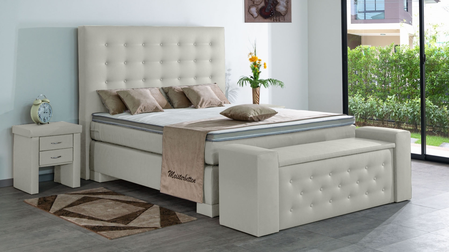 Meisterbetten Boxspringbett Kimm 100x220 in KL-Light Beige, Matratzenbezug Nano, Ergoflex-Topper Bild 1