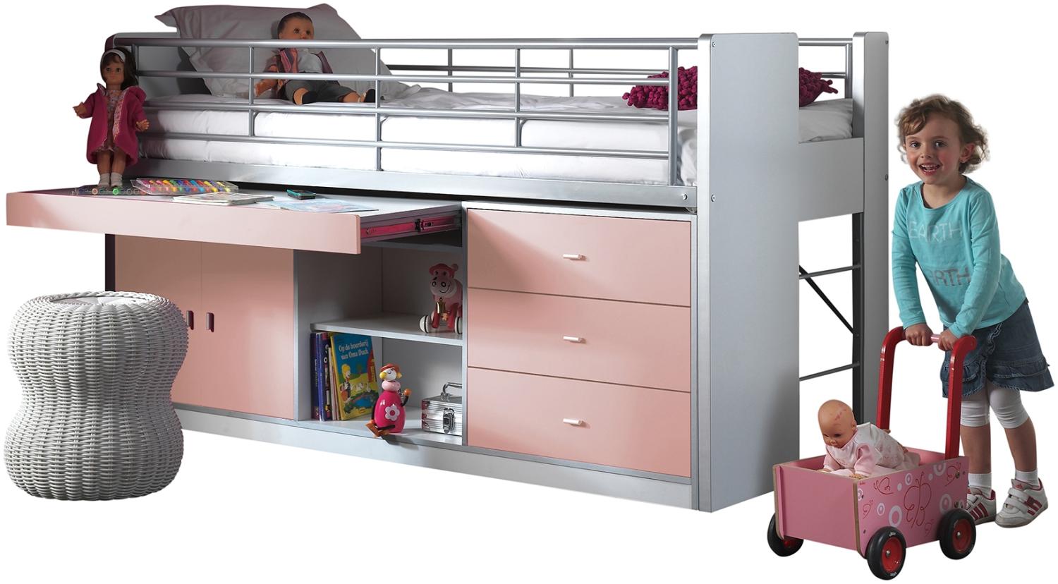 Hochbett Jax inklusive Schreibtisch + Schrank + Regal + Kommode + Lattenrostplatte weiß - rosa EN 747-1+2 Bild 1