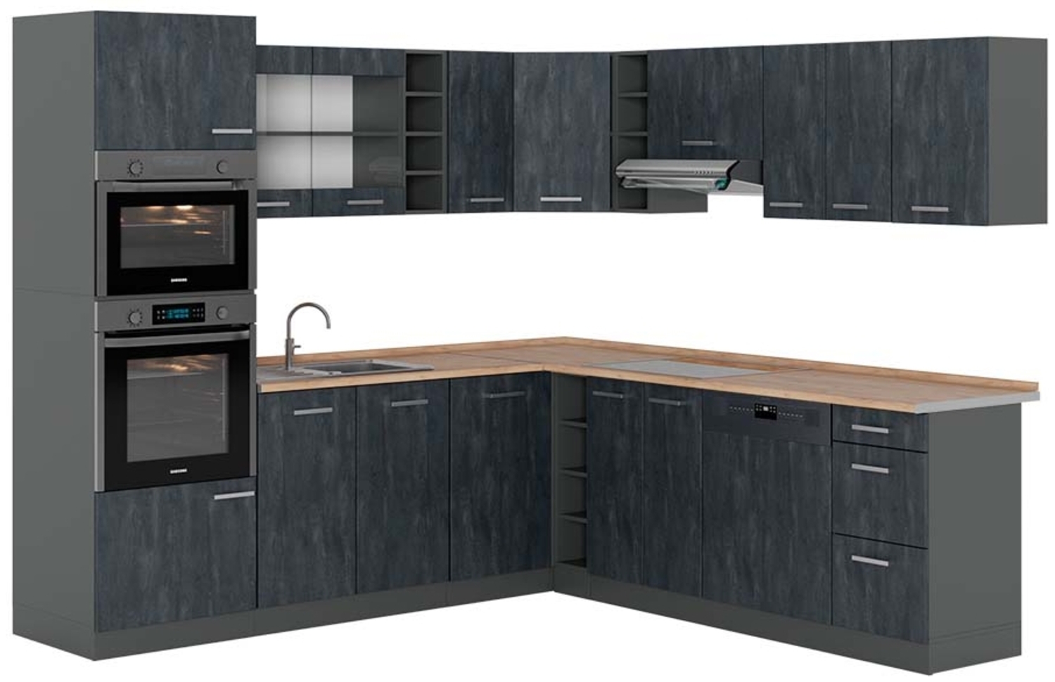 Vicco Einbauküche in L-Form Schwarz Beton/Anthrazit 237 x 247 cm AP Eiche, R-Line Bild 1