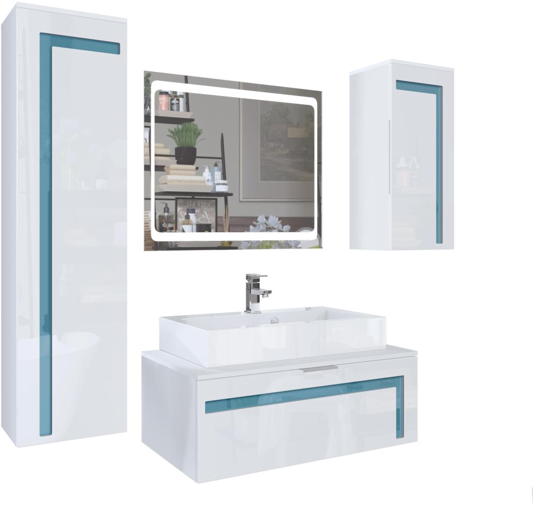 Badmöbel Komplettset Aloha V2, Korpus in Weiß matt / Fronten in Weiß Hochglanz mit Absetzungen in Petrol Hochglanz, mit Aufsatzwaschbecken, Armatur (M1) und LED Spiegel Bild 1