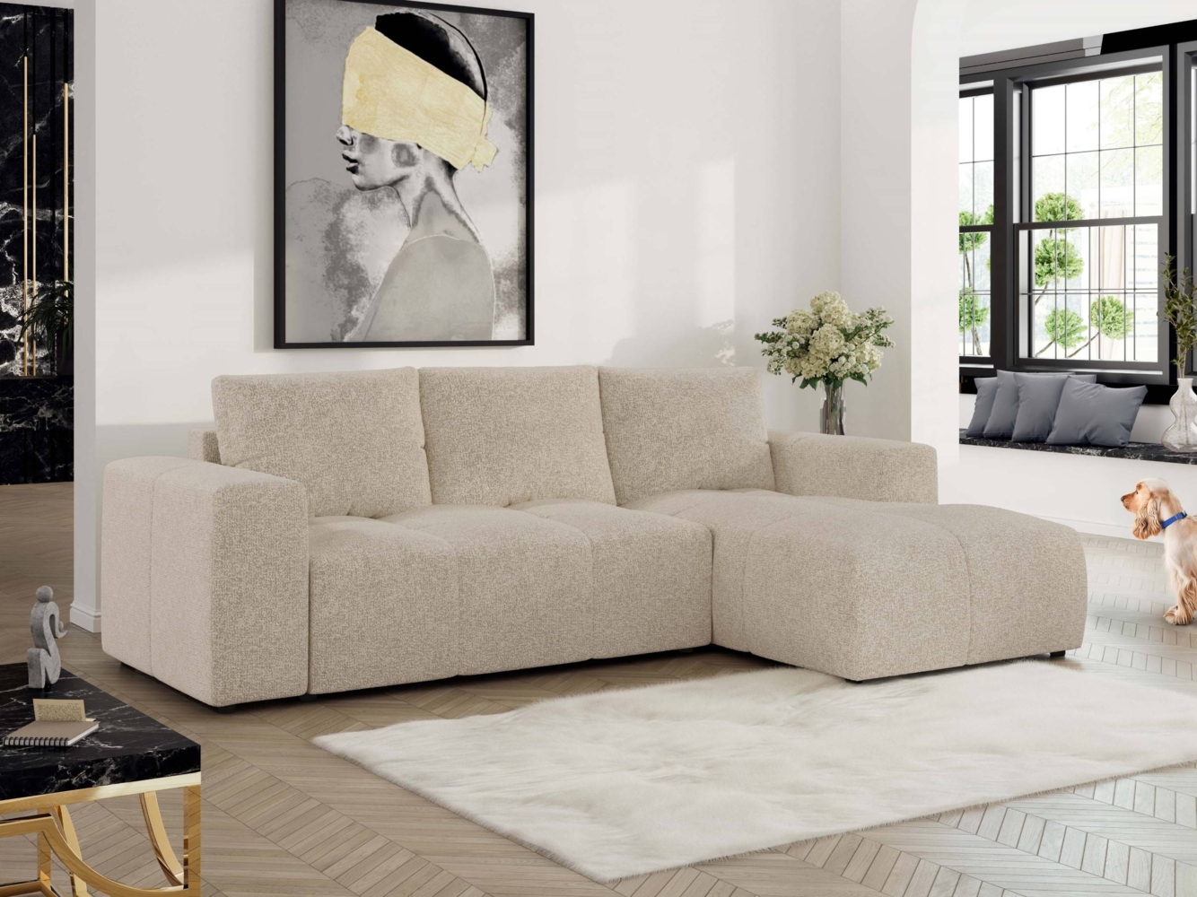 Ecksofa mit Schlaffunktion und Bettkasten, L-form Couch, lose Kissen, Polstersofa - MONIVA - Creme Struktur - rechte Seite Bild 1