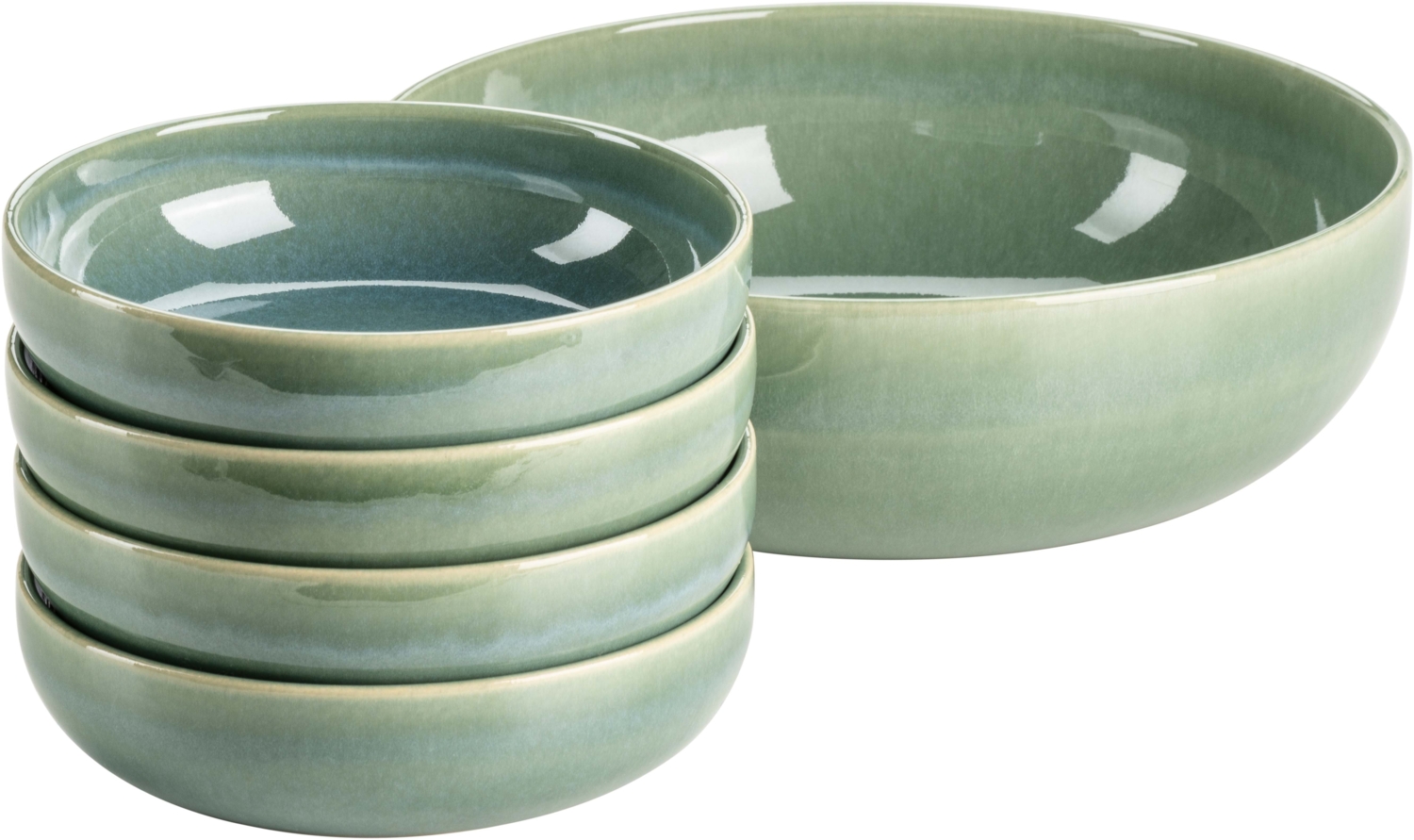 Modernes 5-teiliges Bowl Set aus Keramik mit unregelmiger Effektglasur, 1 Schssel gro und 4 Schalen fr Salat, Msli, oder Suppe; Grn Bild 1