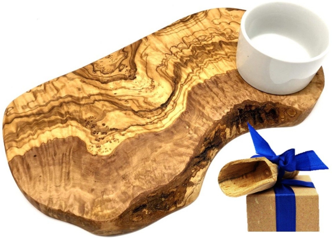 Olivenholz-erleben Schneidebrett Burgerbrett rustikal Olivenholz 30-34 cm inkl. Dipschale, Massivholz, (Set, 2-St, 1x Burgerbrett, plus Überraschung), Dipschale für sauberes Servieren – verhindert Vermischen von Speisen Bild 1