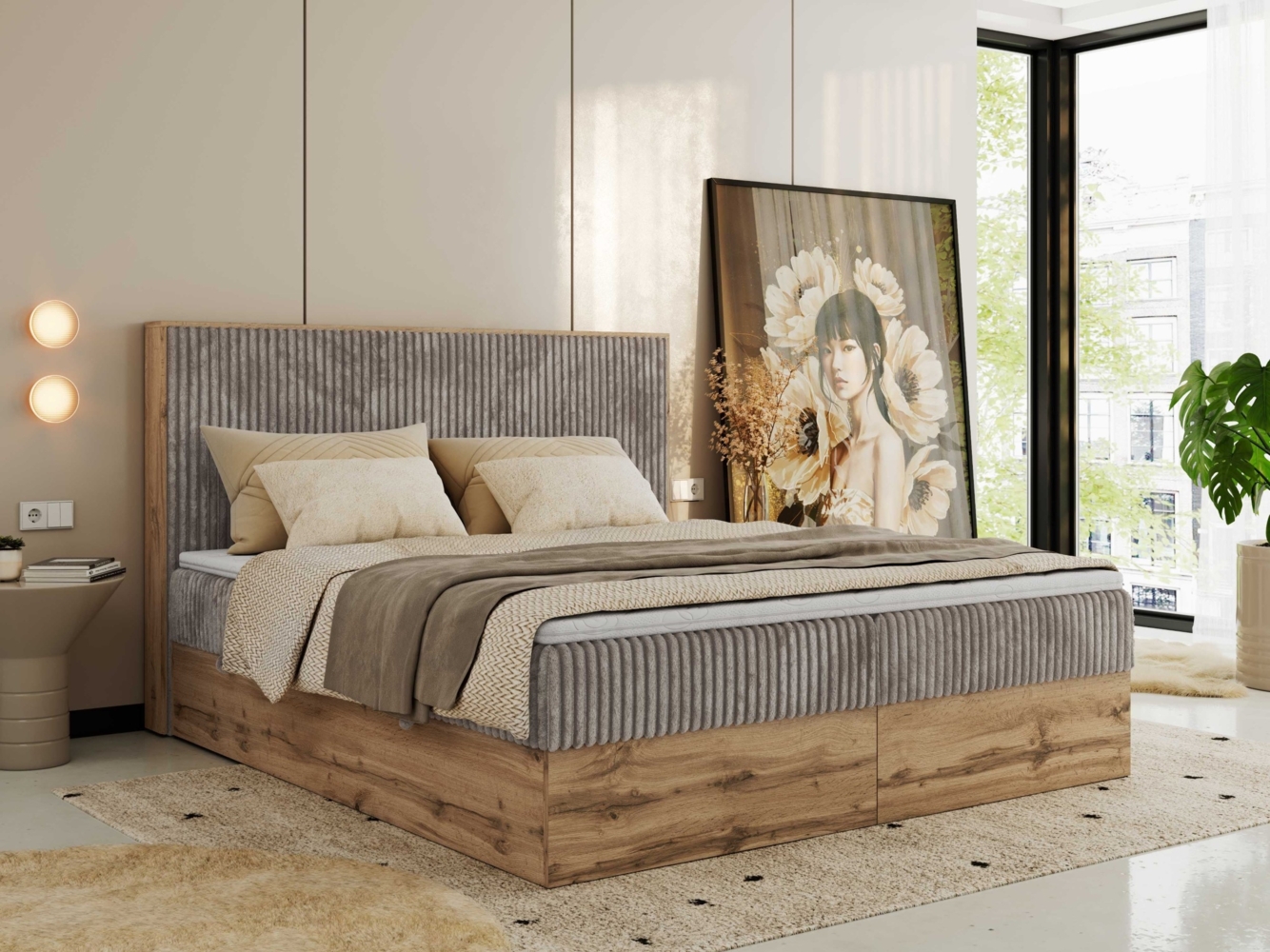 Doppelbett, Boxspringbett mit Bettkästen, Multipocket-Matratze und Topper, Set mit Kopfteil, Eiche Wotan Holzrahmen - WOOD CLASSIC - 200 x 200 cm - Hellbraun Cord - H4 Bild 1