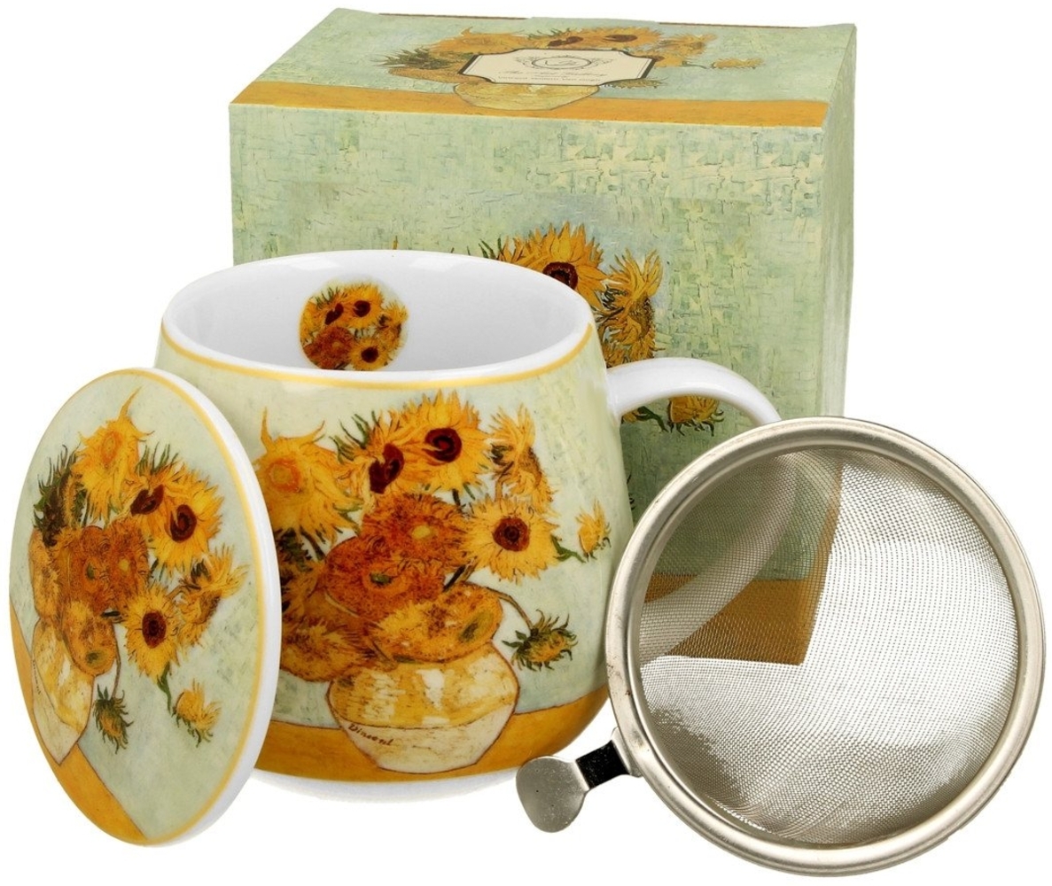 DUO ART GALLERY Fassbecher 430 ml SUNFLOWERS mit Teesieb, New Bone China Porzellan Bild 1