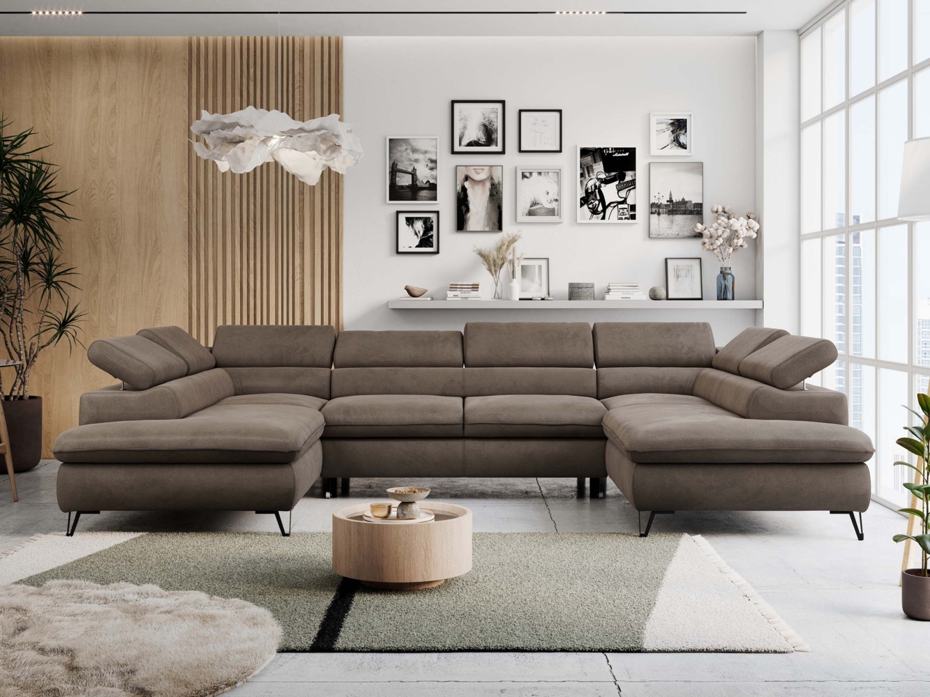 Mks Möbel 'Peter U-Form' Ecksofa mit Bettkasten, Bettfunktion & einstellbaren Kopfstützen, Braun, Velours, mit Topper Bild 1