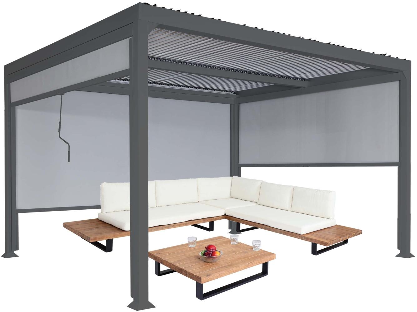 Alu Pergola HWC-L41 mit 3x Seitenwand, Lamellen-Pavillon, stabiles 8cm-Metall-Gestell 3x3,7m ~ anthrazit Bild 1