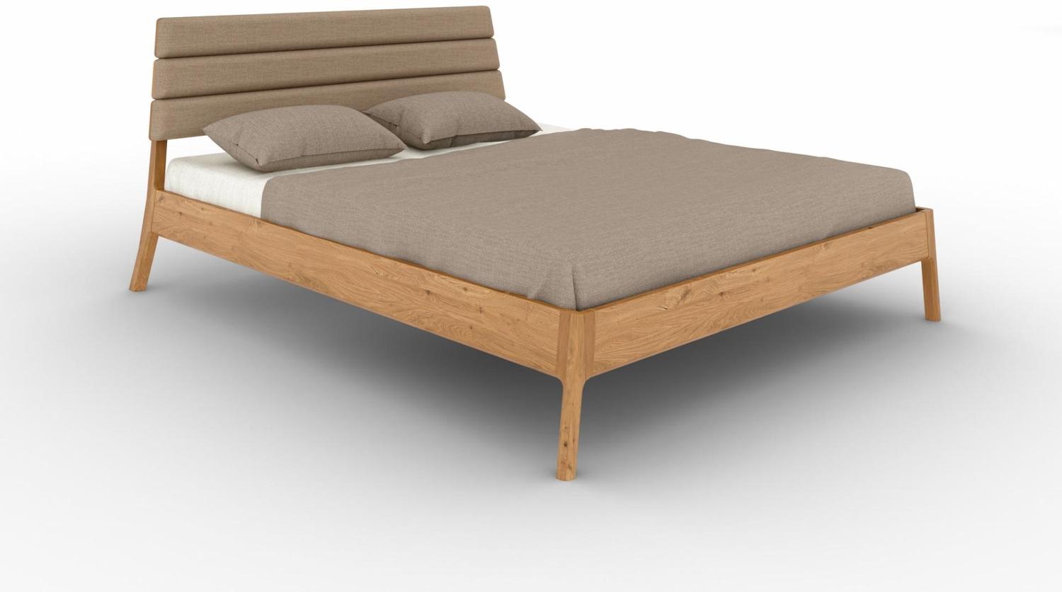 Bett Swig 2 Wildeiche massiv 180x200 mit Polsterkopfteil Beige und Holzbeinen Bild 1