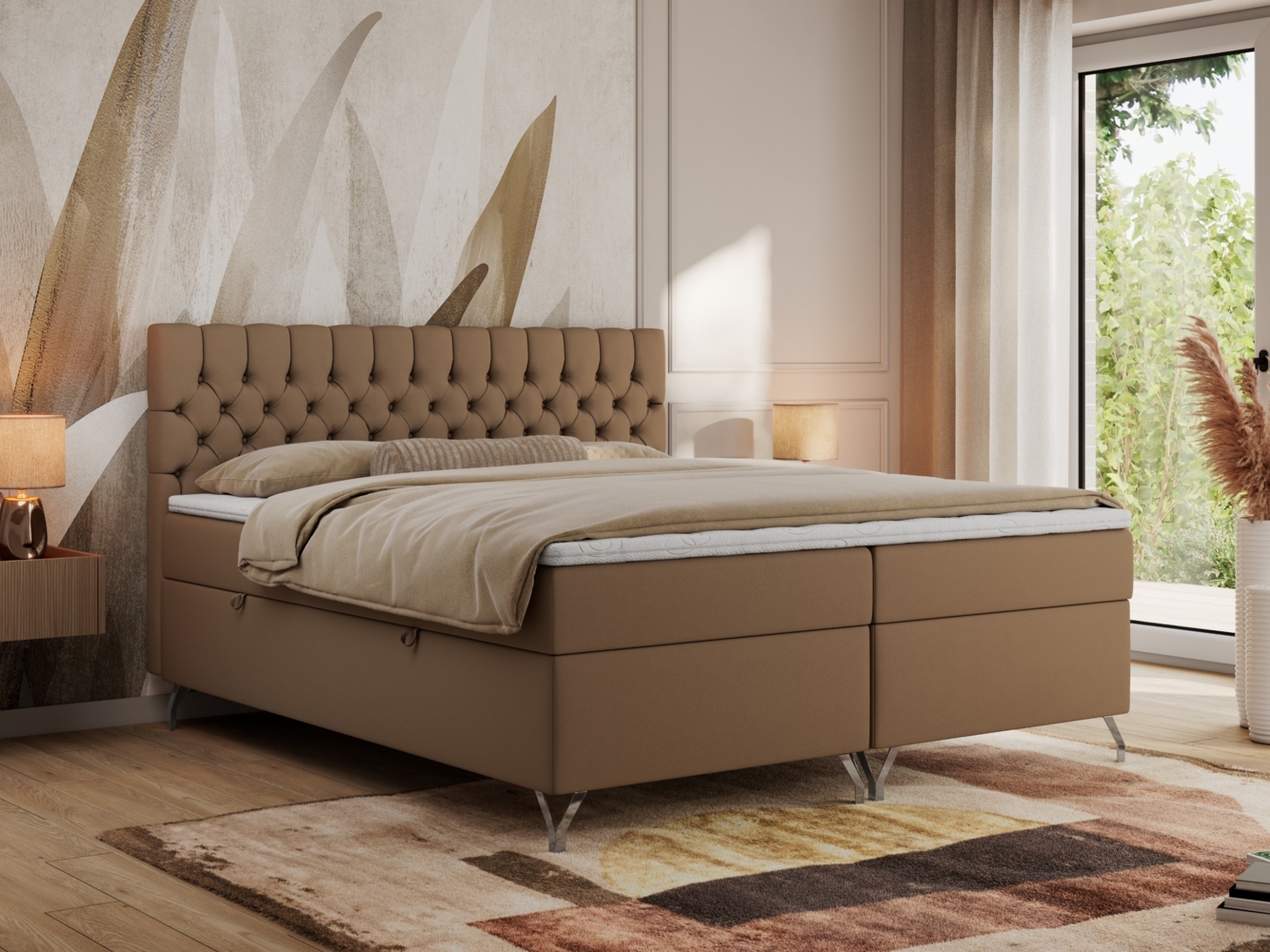 Boxspringbett mit Kopfteil und Topper, Polsterbett - GRIMALDI - 140 x 200 cm - Braun Kunstleder - H3 Bild 1