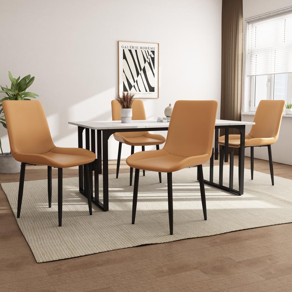 Merax Essgruppe (5-tlg),Esstisch mit 4 Stühlen Set, 140×80cm Küchentisch mit Schwarz Metallbeinen,Weißer MDF-Desktop,Spleißen von Tischplatten,Braun PU Kunstleder Esszimmerstühle Mit Großzügiger Sitzecke Bild 1