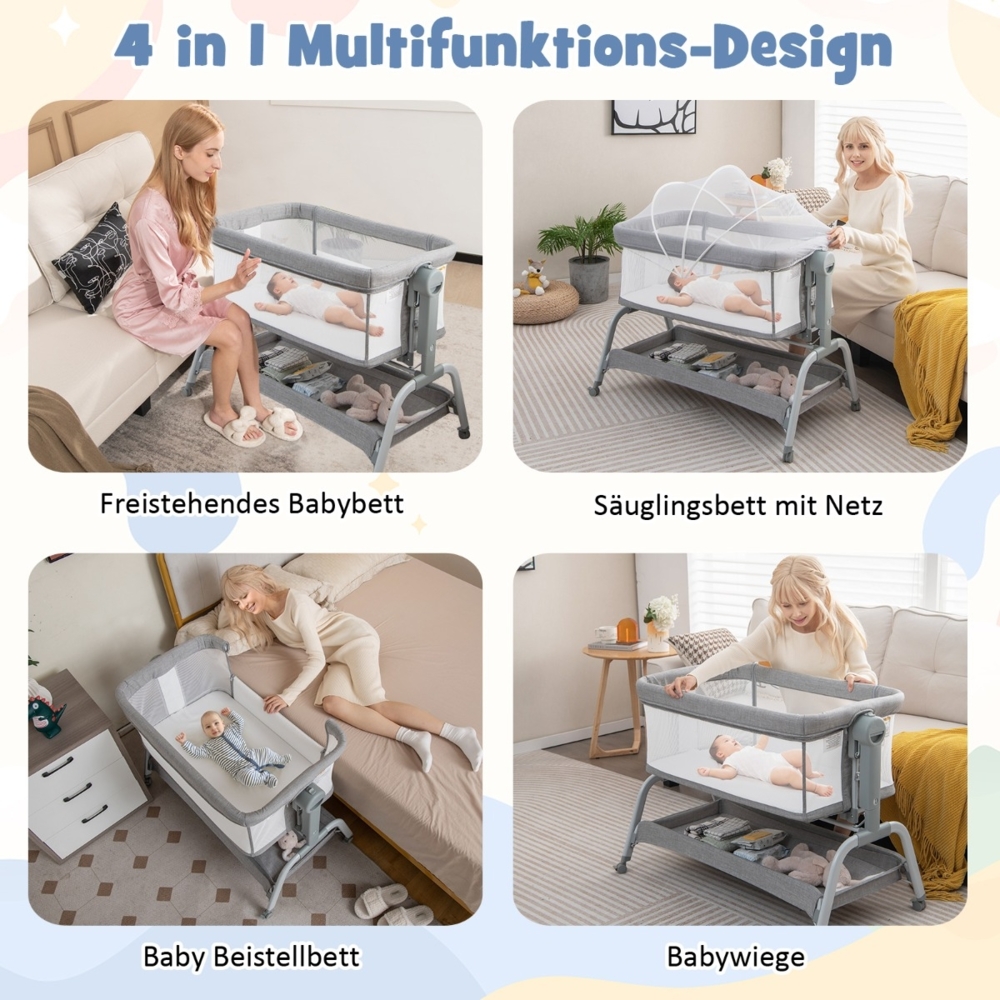 4 in 1 Mobiles Babybett mit Moskitonetz & Matratze & 6 Verstellbaren Höhen Grau Bild 1
